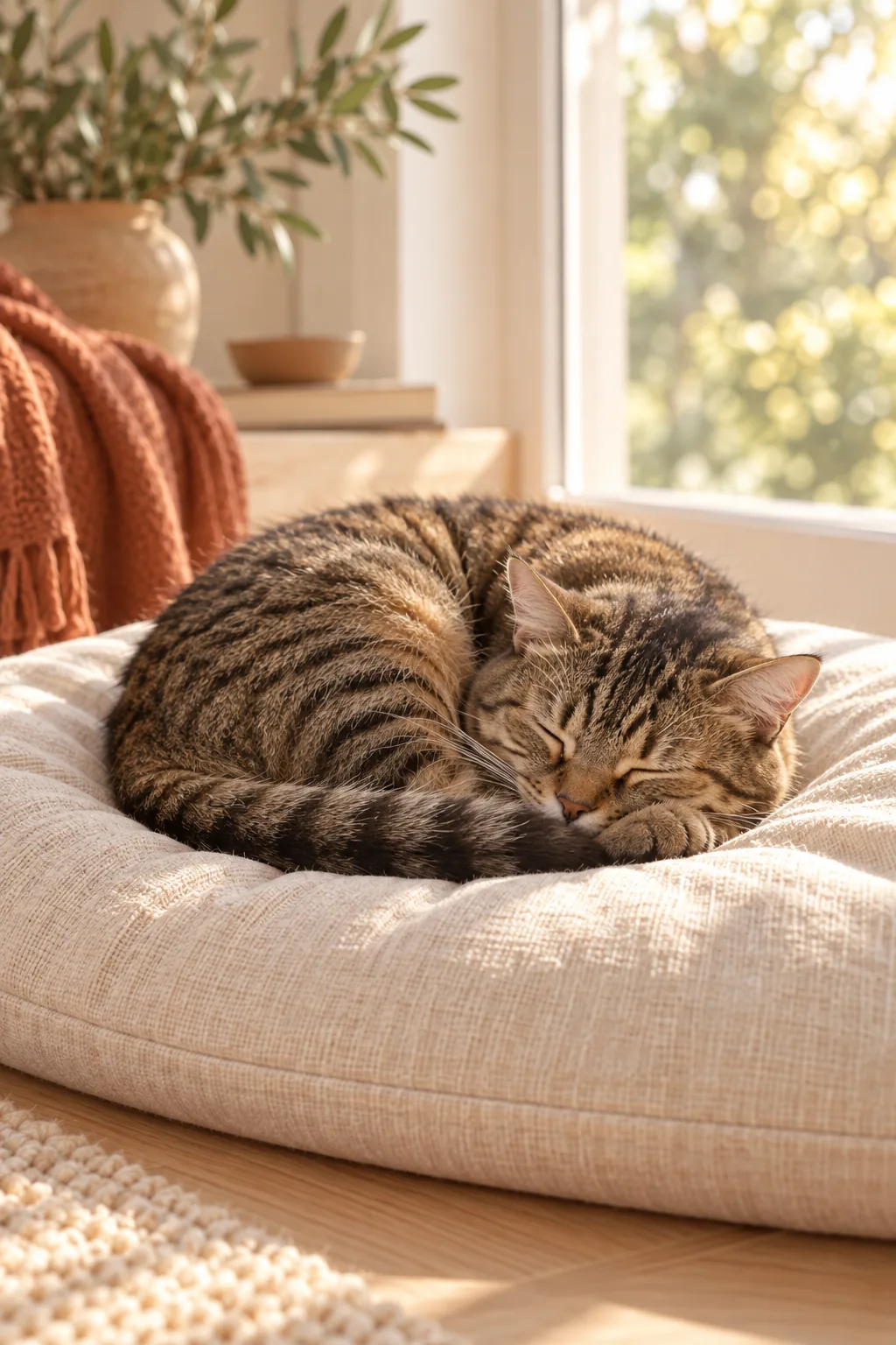 Un chat endormi sur un coussin près d’une fenêtre